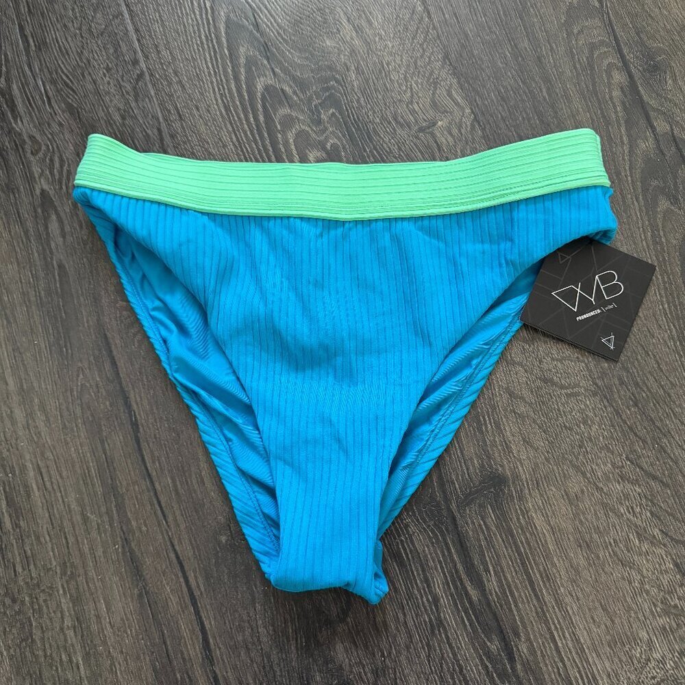 VYB | NWT Allie High Leg Bikini Bottom in Bright Neon Blue/Green Size Medium - Picture 2 of 7